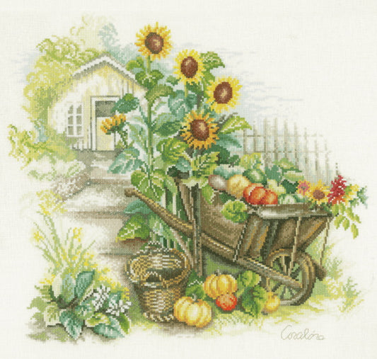 Wheelbarrow and Sunflowers Cross Stitch Kit By Lanarte