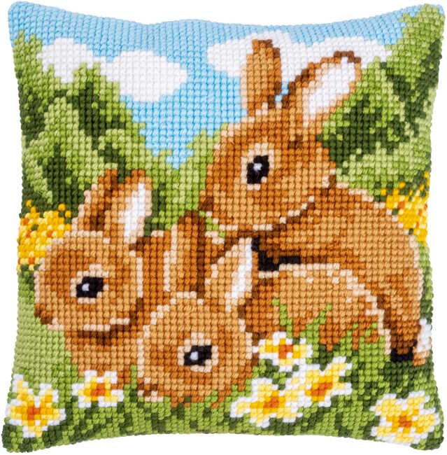 Rabbits Printed Cross Stitch Cushion Kit by Vervaco