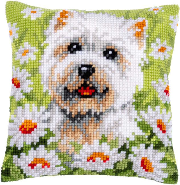Dog Printed Cross Stitch Cushion Kit by Vervaco