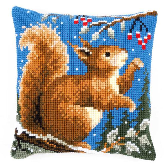 Squirrel in Winter Printed Cross Stitch Cushion Kit by Vervaco