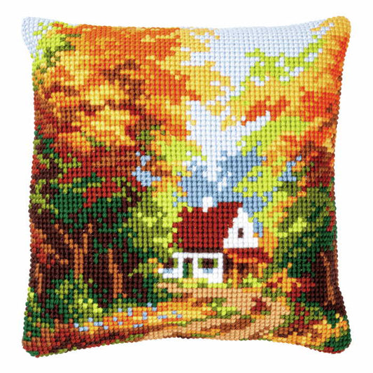 Forest House Printed Cross Stitch Cushion Kit by Vervaco
