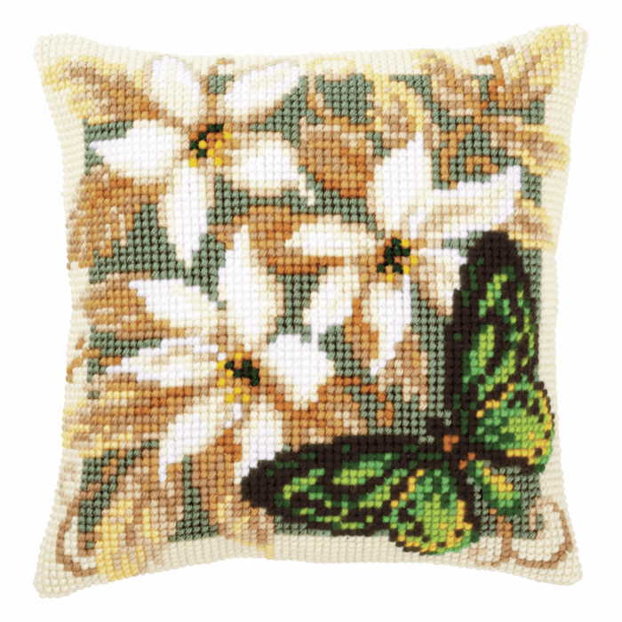 Green Butterfly Printed Cross Stitch Cushion Kit by Vervaco