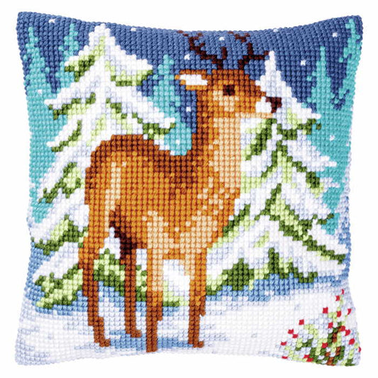 Deer in Winter Printed Cross Stitch Cushion Kit by Vervaco