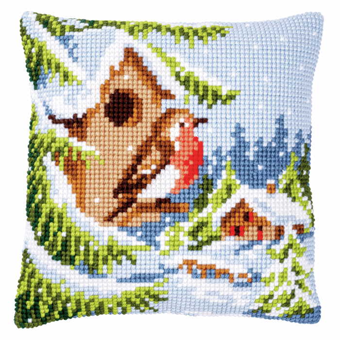 Robin in Winter Printed Cross Stitch Cushion Kit by Vervaco