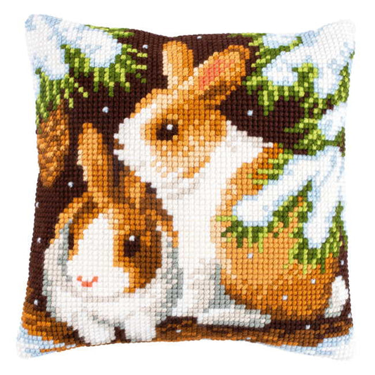 Rabbits in the Snow Printed Cross Stitch Cushion Kit by Vervaco