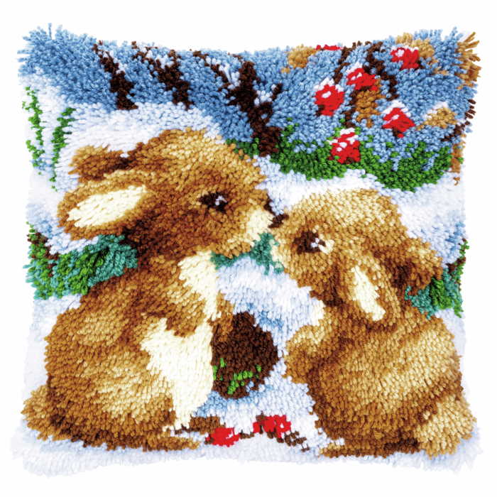 Snow Rabbits Latch Hook Cushion Kit By Vervaco