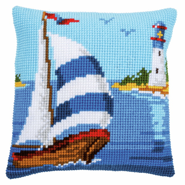 Sailboat Printed Cross Stitch Cushion Kit by Vervaco