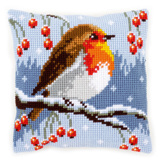 Red Robin in Winter Printed Cross Stitch Cushion Kit by Vervaco