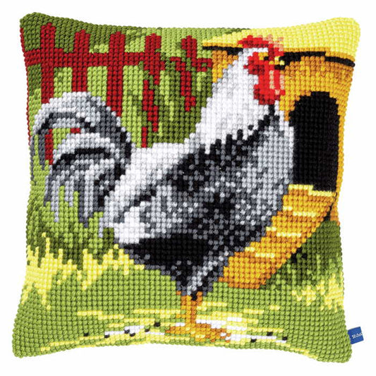 Black Rooster Printed Cross Stitch Cushion Kit by Vervaco