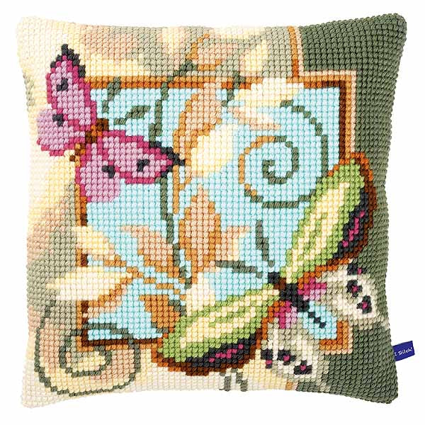Deco Butterflies Printed Cross Stitch Cushion Kit by Vervaco