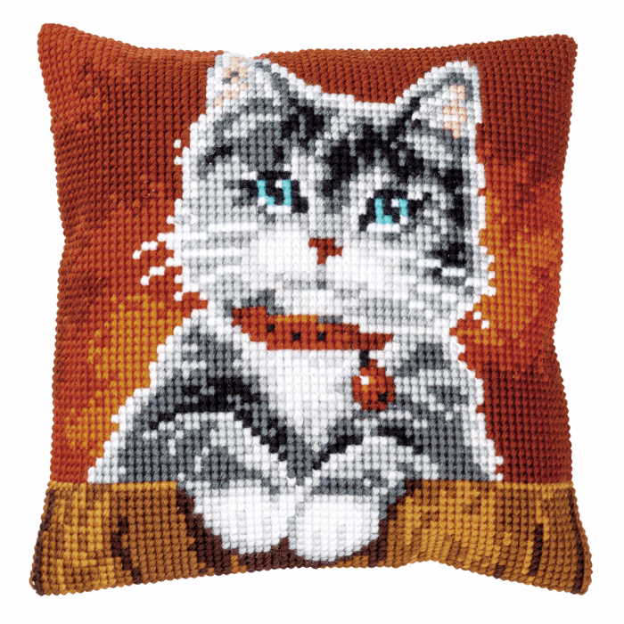 Cat with Collar Printed Cross Stitch Cushion Kit by Vervaco
