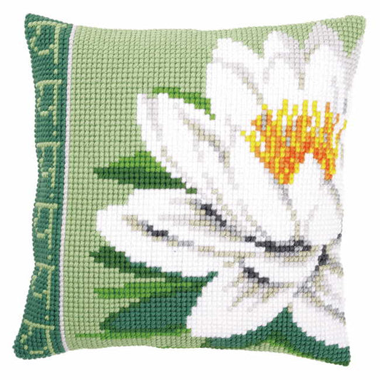 White Lotus Flower Printed Cross Stitch Cushion Kit by Vervaco