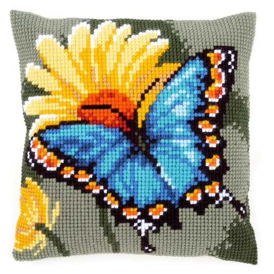 Butterfly and Yellow Flower Printed Cross Stitch Cushion Kit by Vervaco