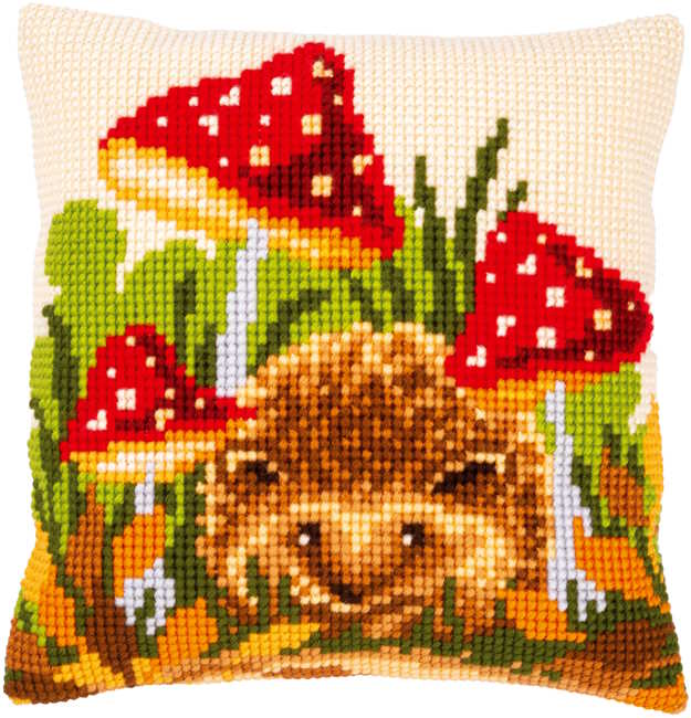 Hedgehog and Mushrooms Printed Cross Stitch Cushion Kit by Vervaco