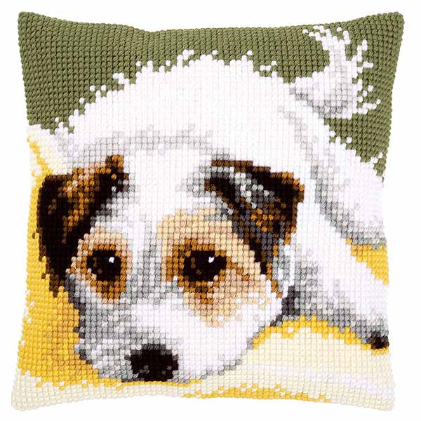 Dog Wagging its Tail Printed Cross Stitch Cushion Kit by Vervaco