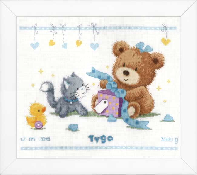 Bear and Present Birth Sampler Cross Stitch Kit By Vervaco