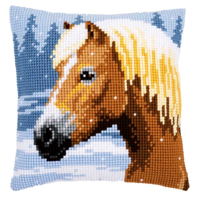 Horse and Snow Printed Cross Stitch Cushion Kit by Vervaco