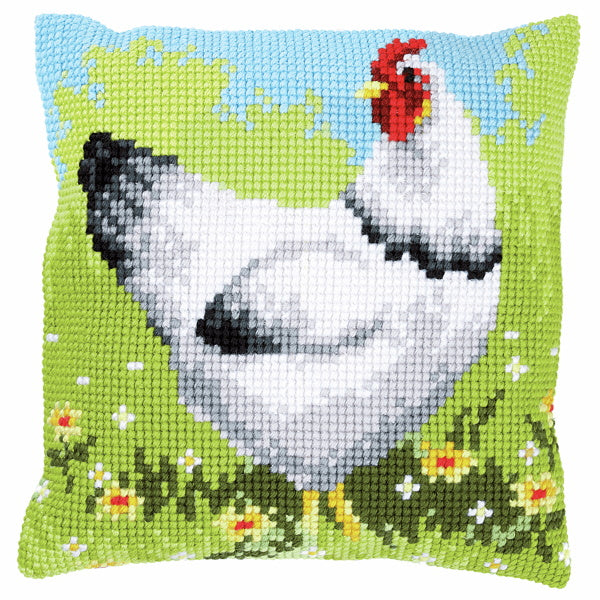 White Chicken Printed Cross Stitch Cushion Kit by Vervaco