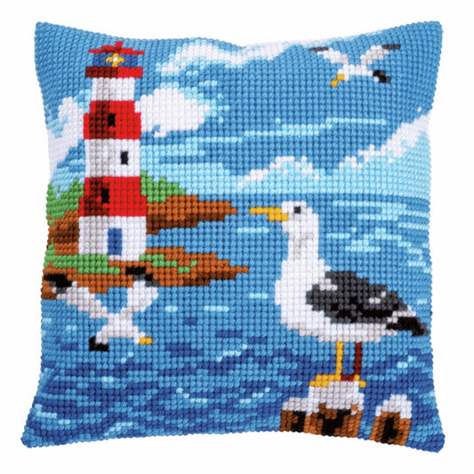 Lighthouse and Seagull Printed Cross Stitch Cushion Kit by Vervaco