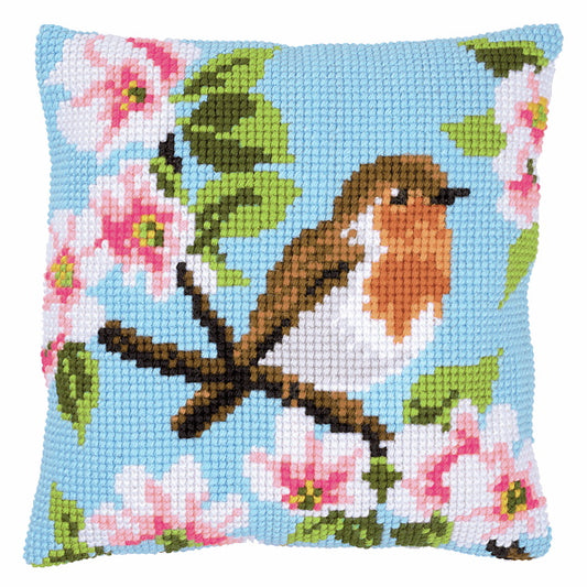 Robin and Blossoms Printed Cross Stitch Cushion Kit by Vervaco