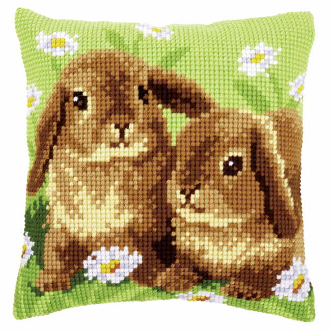Two Rabbits Printed Cross Stitch Cushion Kit by Vervaco