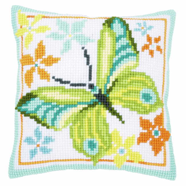 Green Butterfly Printed Cross Stitch Cushion Kit by Vervaco