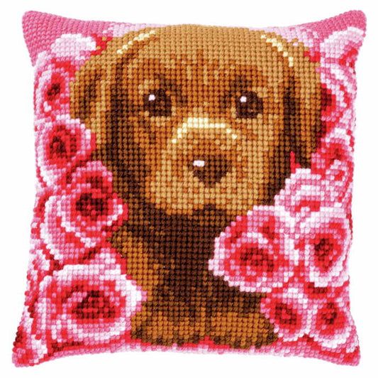 Puppy Between Roses Printed Cross Stitch Cushion Kit by Vervaco
