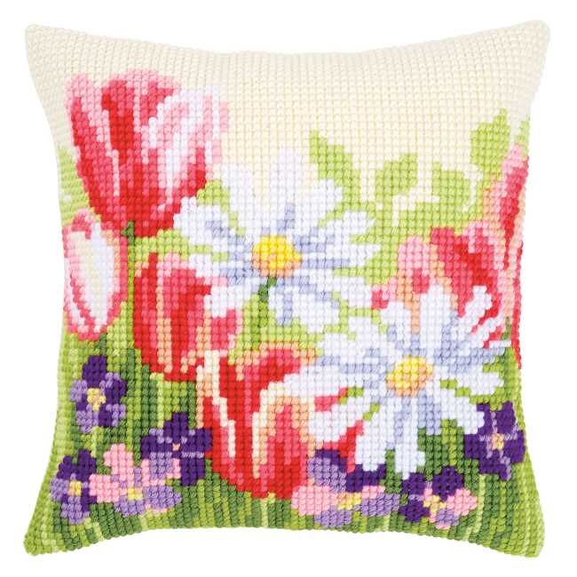 Spring Flowers Printed Cross Stitch Cushion Kit by Vervaco
