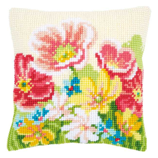 Summer Flowers Printed Cross Stitch Cushion Kit by Vervaco