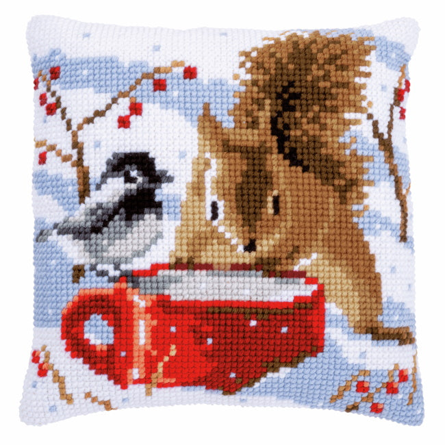 Squirrel and Tit Printed Cross Stitch Cushion Kit by Vervaco