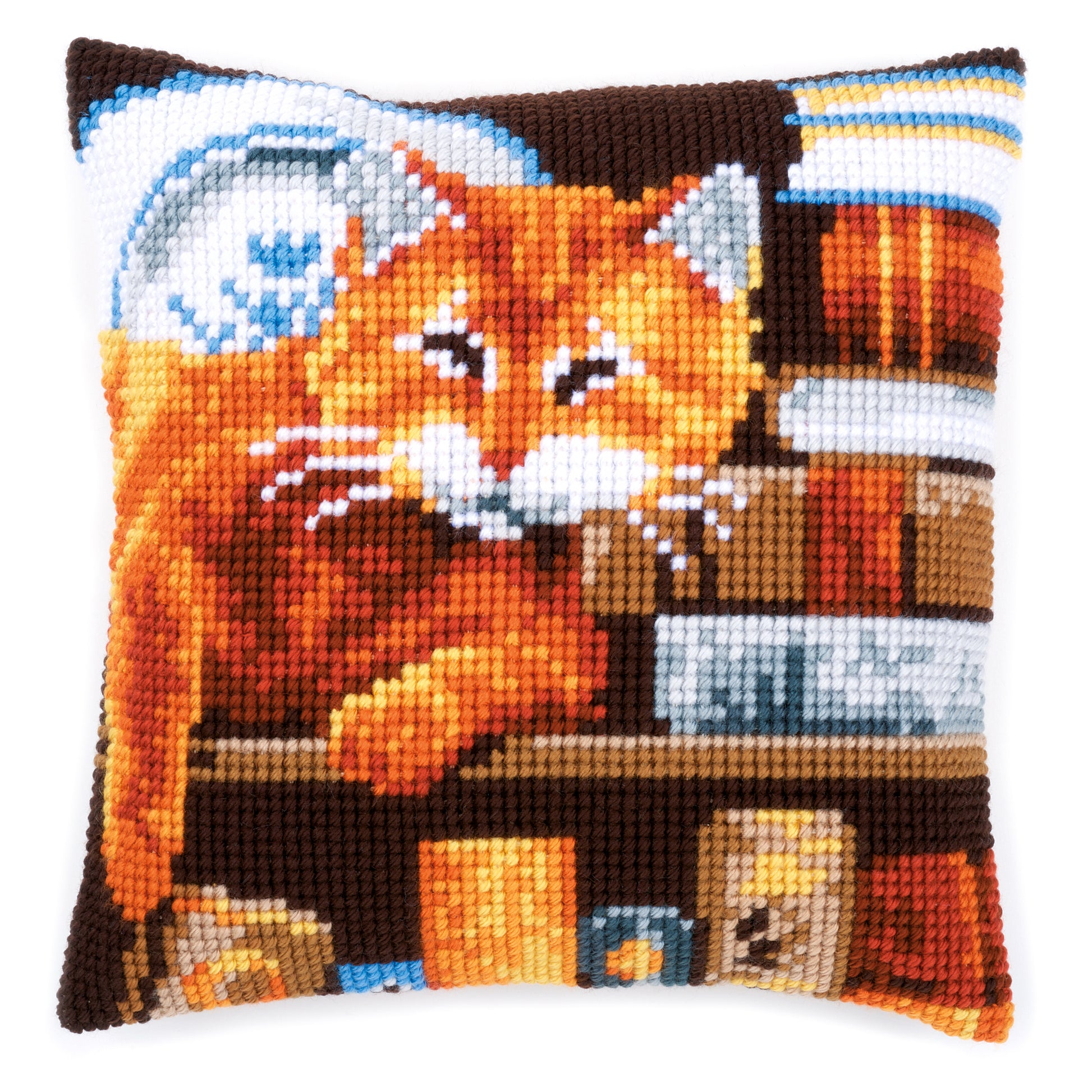 Cat and Books Printed Cross Stitch Cushion Kit by Vervaco