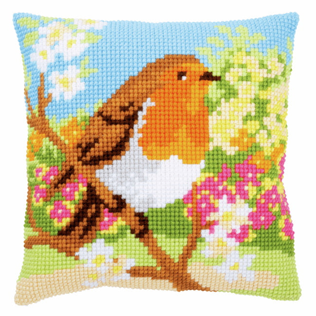 Robin in the Garden Printed Cross Stitch Cushion Kit by Vervaco