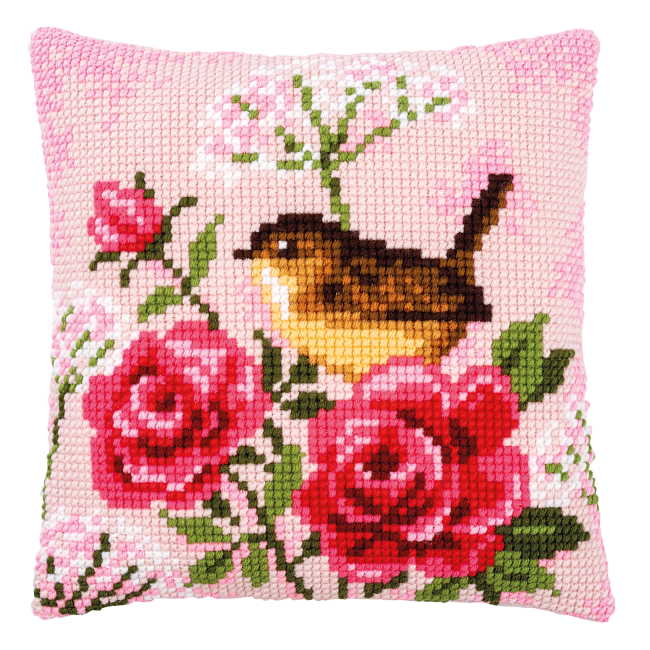 Bird and Roses Printed Cross Stitch Cushion Kit by Vervaco