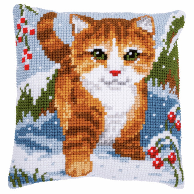 Cat in Snow Printed Cross Stitch Cushion Kit by Vervaco