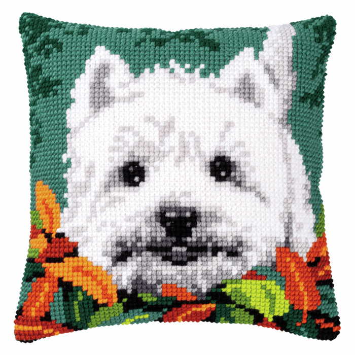 Westie Between Leaves Printed Cross Stitch Cushion Kit by Vervaco