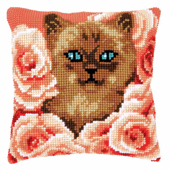 Kitten Between Roses Printed Cross Stitch Cushion Kit by Vervaco