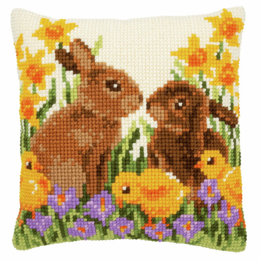Rabbit with Chicks Printed Cross Stitch Cushion Kit by Vervaco