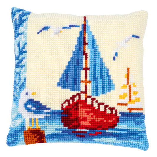 Sailboat Printed Cross Stitch Cushion Kit by Vervaco
