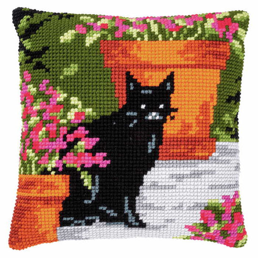 Cat Between Flowers Printed Cross Stitch Cushion Kit by Vervaco