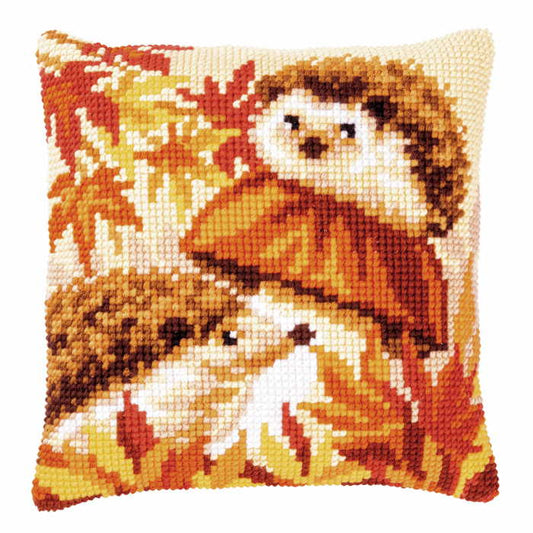 Hedgehogs on Mushroom Printed Cross Stitch Cushion Kit by Vervaco