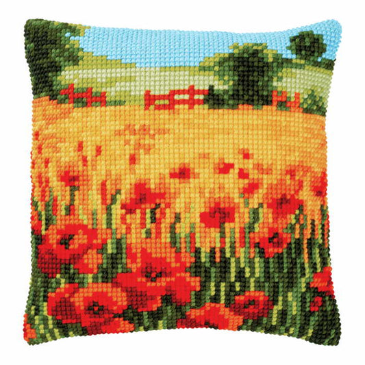 Poppies Landscape Printed Cross Stitch Cushion Kit by Vervaco