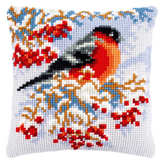 Bullfinch in Winter Printed Cross Stitch Cushion Kit by Vervaco