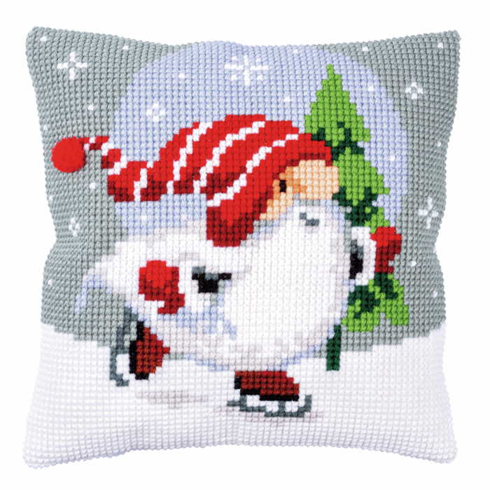 Christmas Gnome on Ice Printed Cross Stitch Cushion Kit by Vervaco