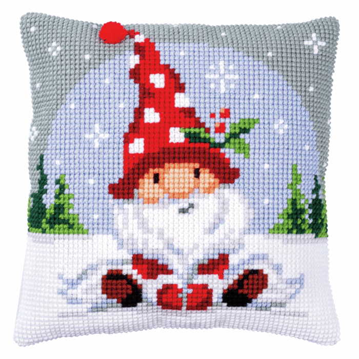 Christmas Gnome in Snow Printed Cross Stitch Cushion Kit by Vervaco