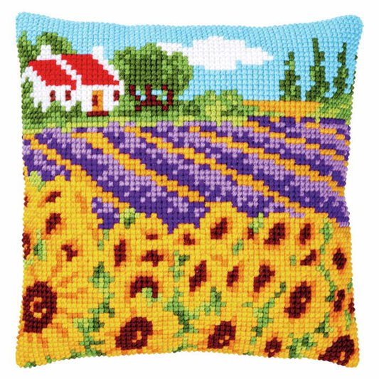 Sunflower Field Printed Cross Stitch Cushion Kit by Vervaco