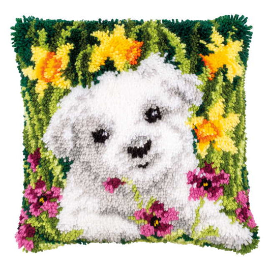 Westie in Daffodils Latch Hook Cushion Kit By Vervaco