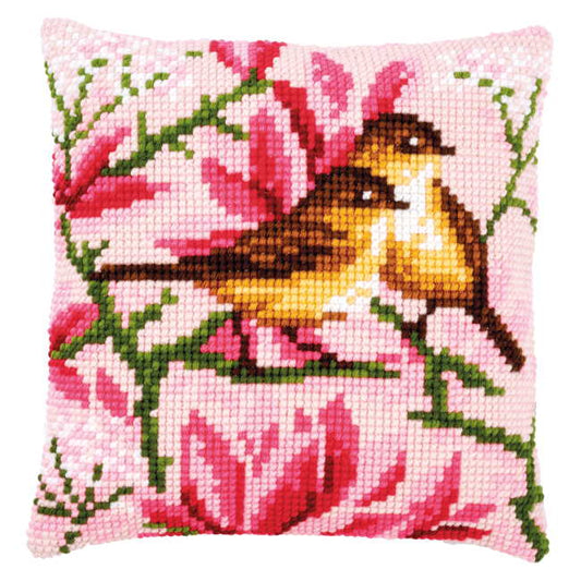 Birds and Magnolia Printed Cross Stitch Cushion Kit by Vervaco