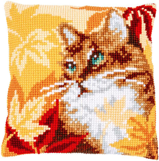 Cat with Autumn Leaves Printed Cross Stitch Cushion Kit by Vervaco