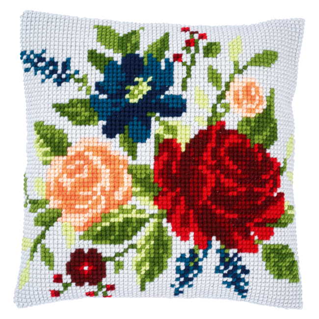 Peonies Printed Cross Stitch Cushion Kit by Vervaco