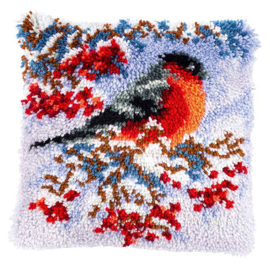 Bullfinch in Winter Latch Hook Cushion Kit By Vervaco